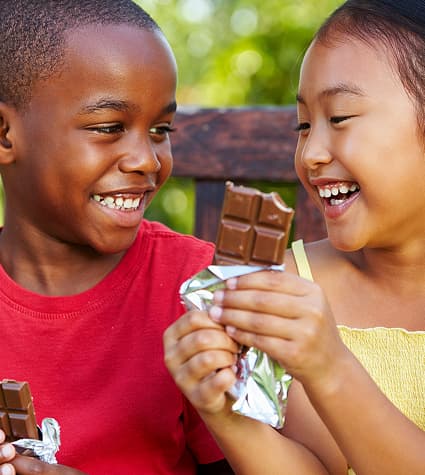 Happy kids eating chocolate